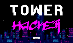 Tower Hacker game splash screen, with the logo in the front and a cyberpunk city skyline in the background