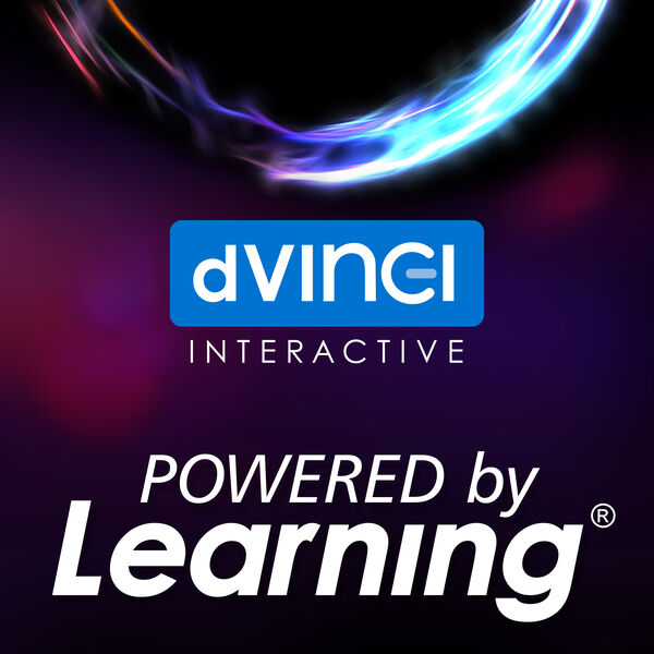 dVinci Interactive Powered by Learning podcast cover. White text over dark purple and blue background.